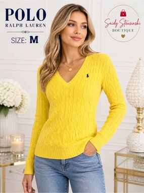 Polo Ralph Lauren Yellow Cable Knit Sweater V-Neck Size M Classic Logo